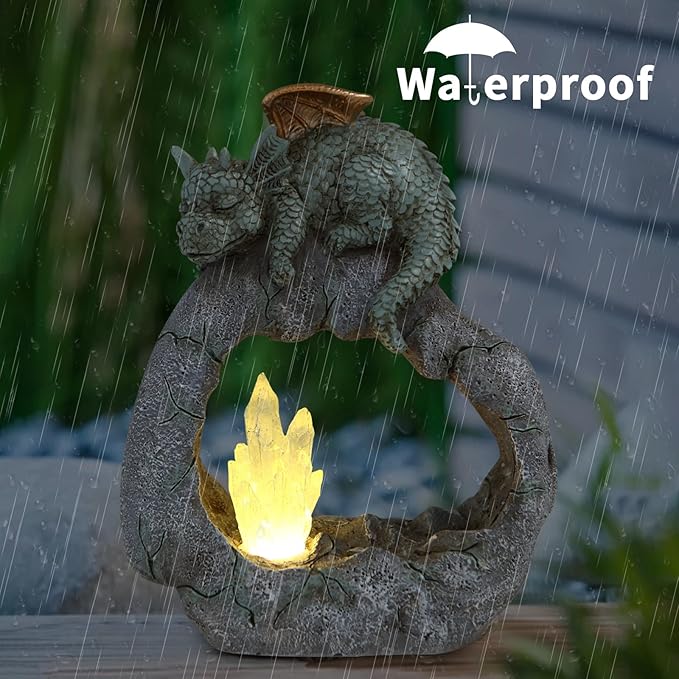 Solar Powered Dragon Statue ，Garden Decor with Crystal LED Lights Handmade Waterproof Resin Dinosaur Outdoor Patio Lawn Sculpture Perfect Christmas (Crystal Dragon)