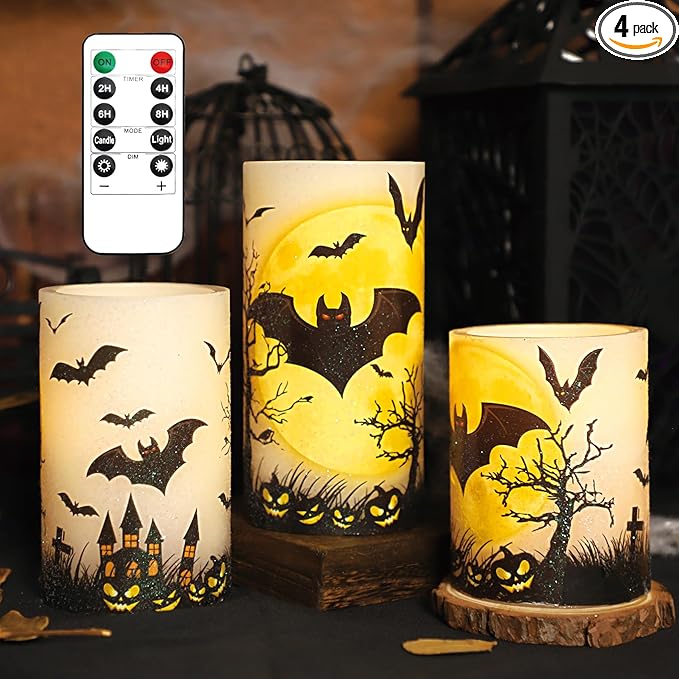Halloween Decorations LED Candles with Bats Moon Big House Pumpkin Battery Operated Remote Timer Dim Glitter Design Real Wax Realistic Flickering Flameless Pillar for Horror Spooky Decor