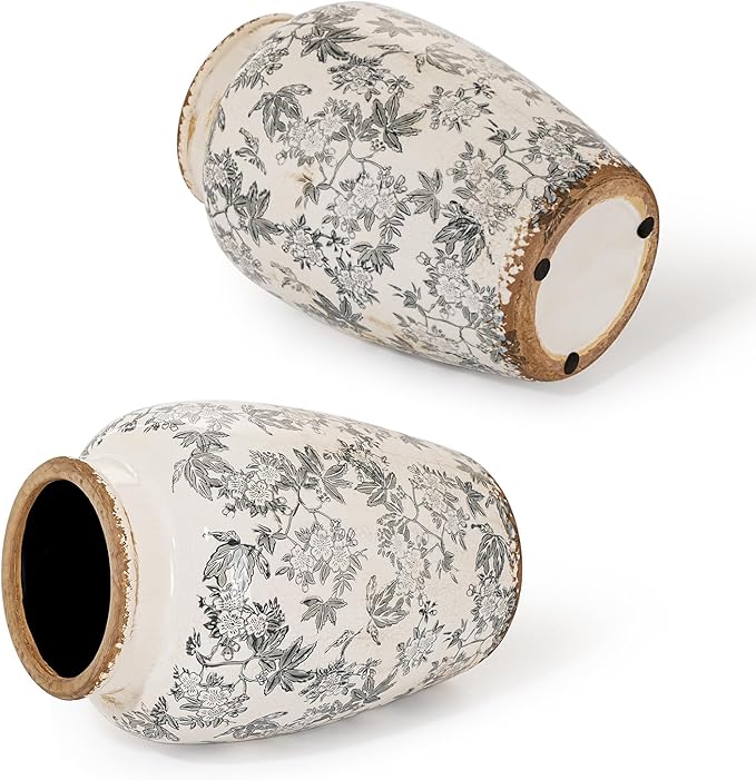 Sungmor Ceramic Flower Vase, Vintage Ice Cracked Glaze Porcelain Vase, Pretty Home Decor Vase for Flower Arrangement, Fresh Flowers, 10.2 Inch Tall Chinoiserie Pottery Vase, Gray Floral Pattern