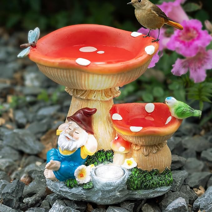 Solar Garden Statue Gnomes Figurine Lights, Bird Water Feeder and Gnomes who are Lazy Under Mushrooms, Outdoor Yard Decorations for Patio Porch Home, Garden Gifts for Women Mom
