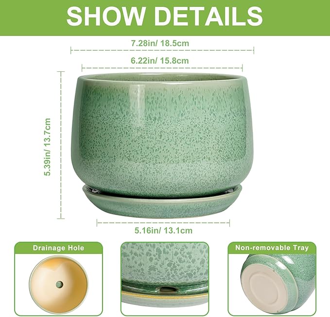 G EPGardening Ceramic Plant Pot - 7 Inch Ceramic Planter for Indoor Outdoor Plants, Flower Pot with Drainage Hole and Tray, Modern Round Planter, Plants Lovers Gifts, Home Garden Decor, Green
