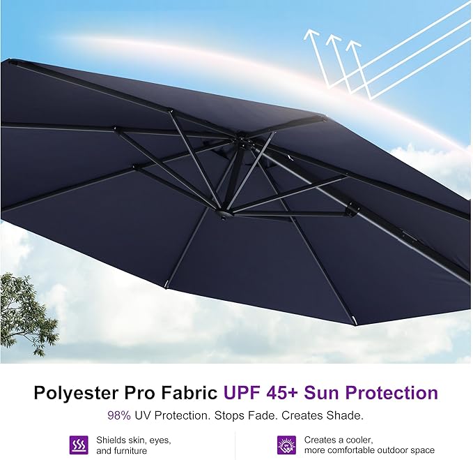 PURPLE LEAF 10 Feet Patio Umbrella With Base Outdoor Cantilever Round Aluminum Offset With 360-Degree Rotation for Deck Garden Pool Navy Blue