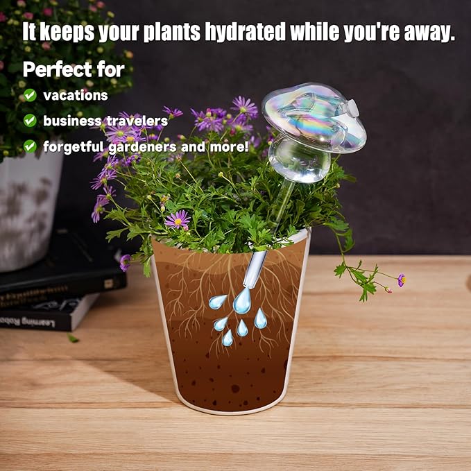 NiHome Iridescent Glass Mushroom Plant Self Watering Globes 3-Pack, Electroplated Hand-Blown Glass Automatic Plant Hydration System for up to 3 Weeks, Easy Refill Design with Adjustable Flow Rate