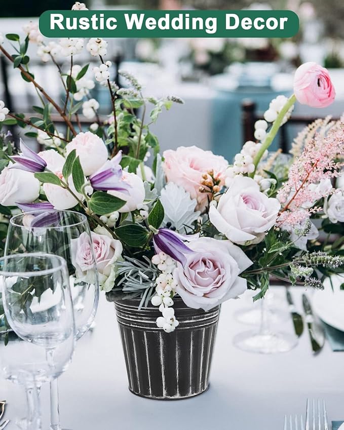 vensovo 6 Inch Black Metal Rustic Flower Pots - 6Pcs Galvanized Planters with Drainage Hole and Rubber Plug, Rustproof Metal Bucket Plant Pots Farmhouse Vintage Style for Decor