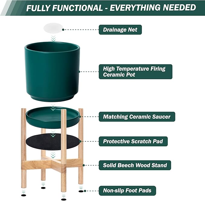 D'vine Dev Ceramic Planter with Natural Stand - 10 Inch Modern Round Flower Pot with Wood Planter Holder, Teal, 55-B-K-4