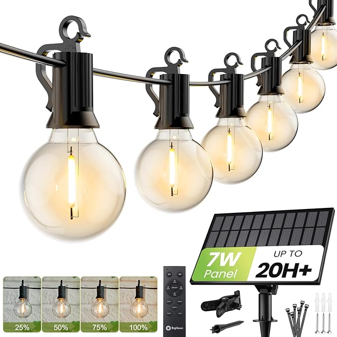 Brightown 208FT Solar String Lights Outdoor Waterproof with Remote, Solar Patio Lights with 100 Shatterproof LED Bulbs, 3 Light Mode, Dimmable & Timer, Hanging String Lights for Porch Garden Bistro