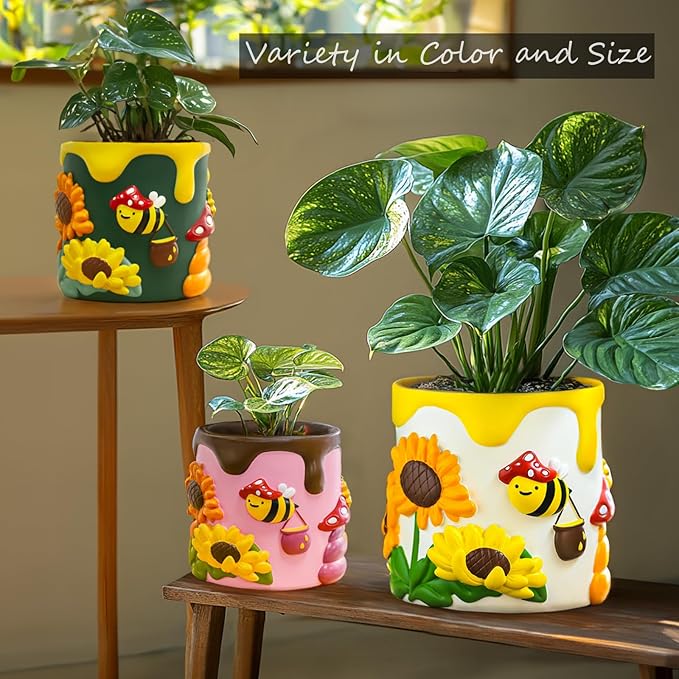 GUGUGO Colorful Bees and Sunflowers Plant Pots, Cute Unique Succulent Planters with Drainage, Rainbow Small Mushrooms Flower Planters Pots for Indoor Plants, Funny Eclectic Home Decor, Pink