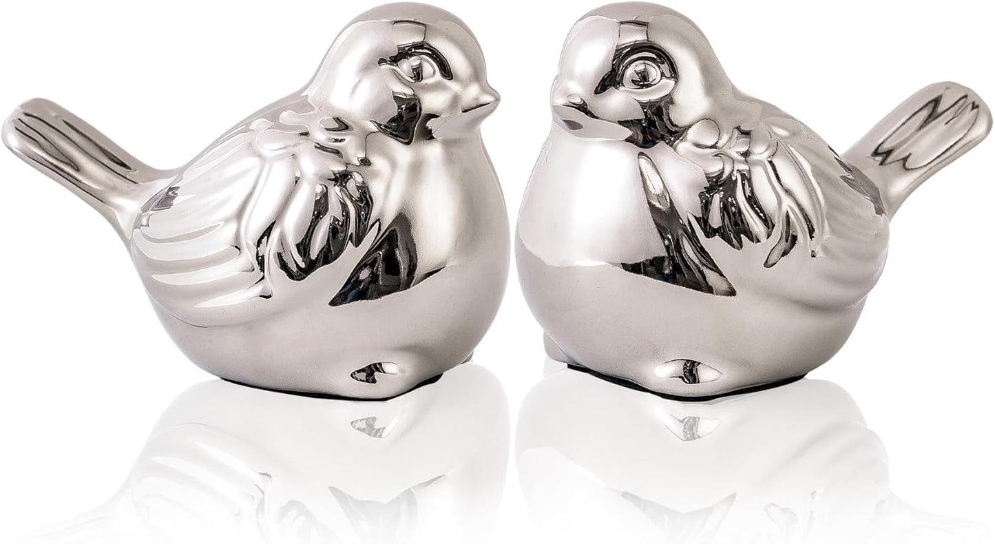 Set of 2 Small Birds Statues Silver Home Decor Modern Boho Style Figurine Decorative Ornaments for Living Room, Bedroom, Office Desktop, Cabinets, Shelf