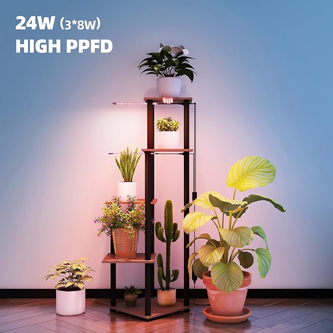 Barrina Plant Stand with Grow Lights Full Spectrum, 5 Tier Potted Corner Plant Shelf with Grow Lights Panel, Dimmable 24W (3 x 8W) LED Plant Light with Timer for Patio Garden, Living Room