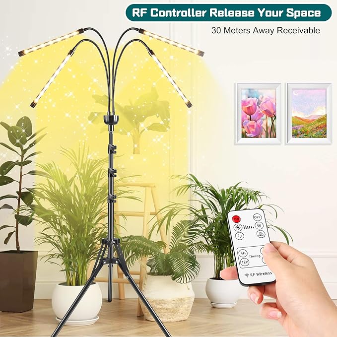 Grow Lights for Indoor Plants Full Spectrum with 15-63 inches Adjustable Tripod Stand Plant Light with 4/8/12H Timer with Remote Control