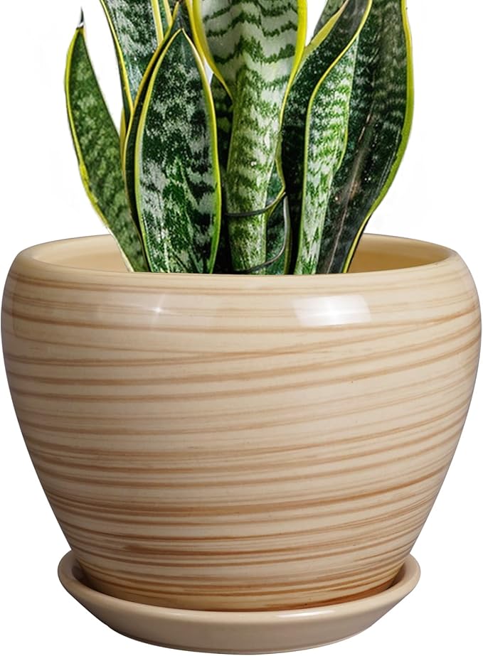 Planter 8 Inch - Indoor/Outdoor Ceramic Plant Pot With Drainage Hole and Saucer, Round Modern Flower Planter for Succulents, House, Patio - Yellow