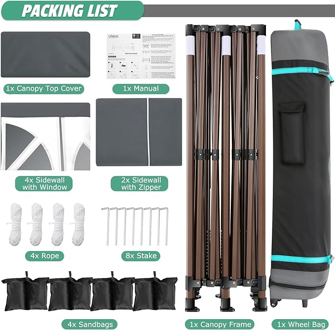 COBIZI 10x20 Pop Up Canopy Tent Heavy Duty with 6 Removable Sidewalls, Commercial Heavy Duty Pop Up Tent for Parties All Weather Waterproof and UV 50+ Wedding Tent with Roller Bag(Legs Upgraded)