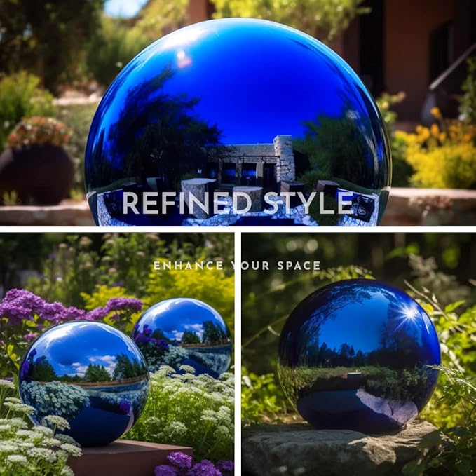 10 Inch Stainless Steel Gazing Globe,v2croft Hollow Ball Mirrored Surface Polished Shiny Sphere,Garden Stainless Steel Gazing Ball for Outdoor Lawn Pond Yard Ornament(Blue)
