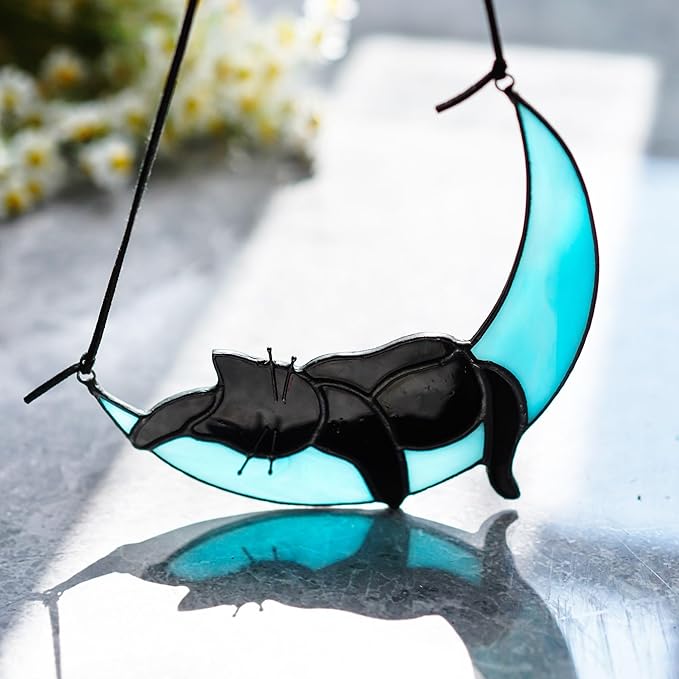HDCRYSTALGIFTS Black Cat Decor Suncatcher Stained Glass Window Hanging,Handcrafted Kitty Decor Funny for Cat Lovers,Home Decoration for Window Patio Office Living Room Wall