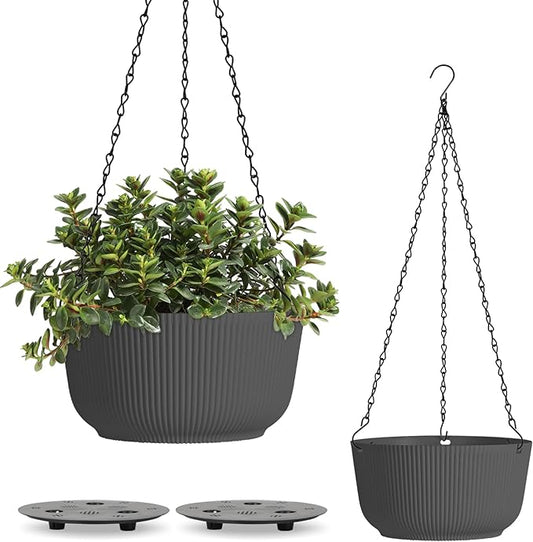 T4U 10 Inch Hanging Planters for Indoor Outdoor Plants, Hanging Plant Pot Pack of 2, Self Watering Hanging Pots with Drainage Hole & Plug & Chain with 3 Hooks for Garden Home Decor, Grey