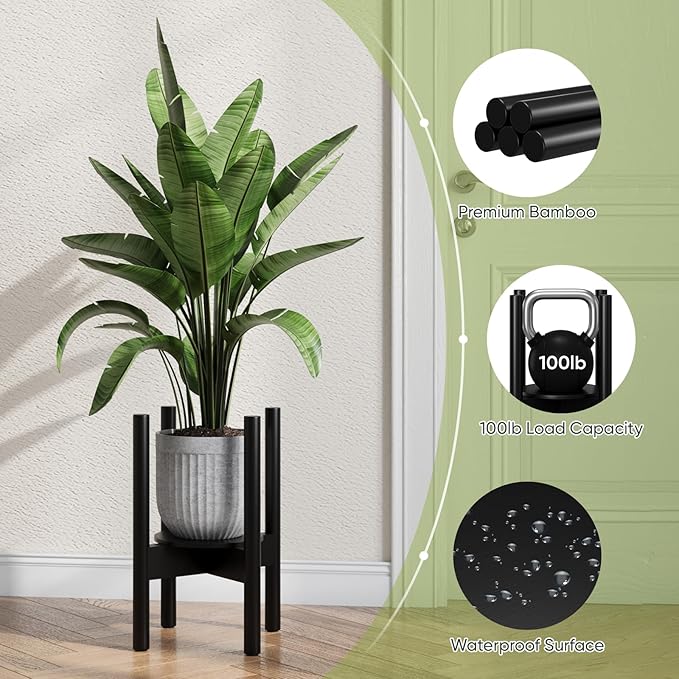 Adjustable Plant Stand, Bamboo Plant Stand Indoor with Tray, Wood Plant Stand for 8 to 12 inches Flower Pots, Single Mid Century Modern Plant Stand for Indoor Plants, Black
