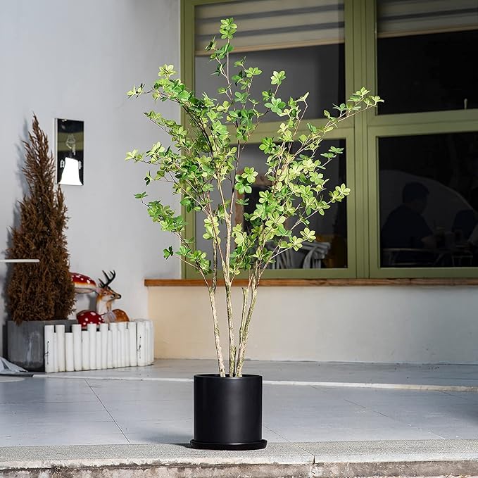 Plant Pots 10 Inch Ceramic Planter with Drainage Hole and Saucer, Matte Black Modern Cylinder Planter Pot for Indoor Outdoor Plants Flowers, Full Glazed Finish