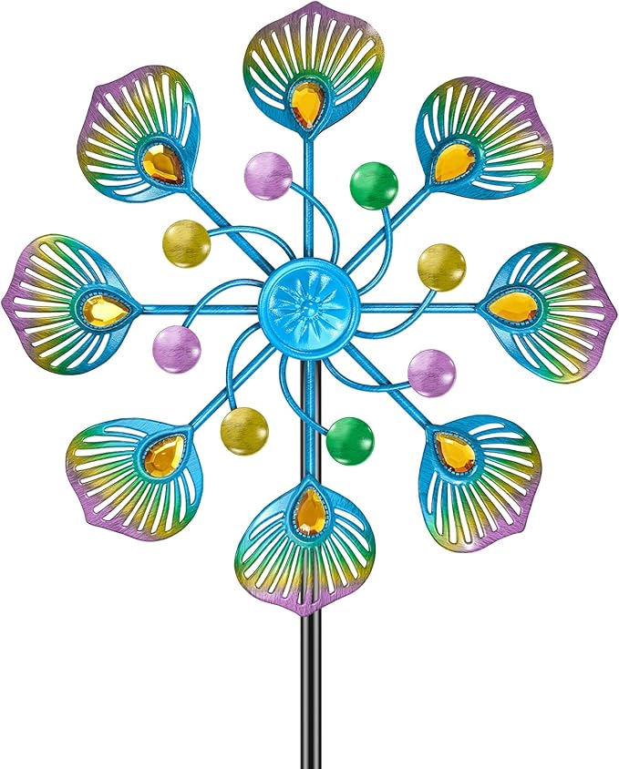 Peacock Wind Spinner Outdoor, Standing Wind Sculpture Yard Art Decorations, Metal Windmill for Patio Lawn & Garden Decor (1pcs-Blue Green)