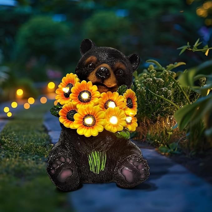 ILLUMINEW Solar Garden Lights Outdoor Statues Black Bear with Sunflowers, Sculpture Decor Mother Gifts for Women, Men or Daughter, Unique Garden Statues for Housewarming Gifts