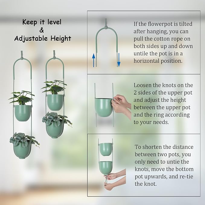 Metal Hanging Planters 2 Tiers Indoor Outdoor Modern Plant Hangers Wall Ceiling Hanging Flower Pots Baskets Kitchen Room Decor(Green)