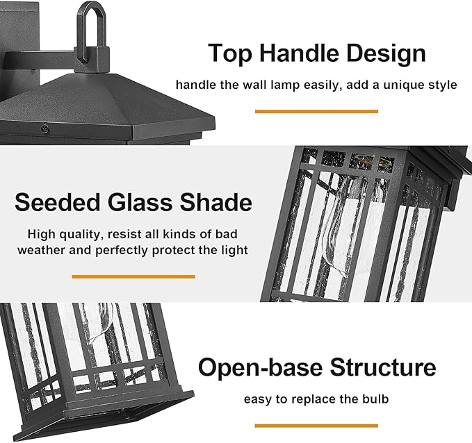 Outdoor Porch Lights Wall Mount, 12.4 Inch Outdoor Wall Lantern With E26 Sockets & Seeded Glass, Classic Exterior Lighting Fixtures, Waterproof Porch Light Fixtures For Garage (Bulbs Not Include)