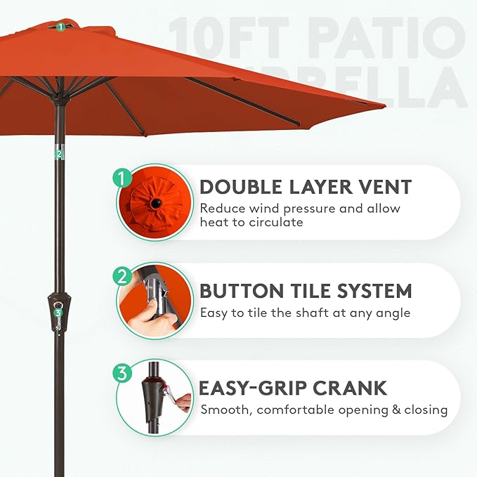 JEAREY 10FT Outdoor Patio Umbrella Outdoor Table Umbrella with Push Button Tilt and Crank, Market Umbrella 8 Sturdy Ribs UV Protection Waterproof for Pool, Garden (Orange Red)