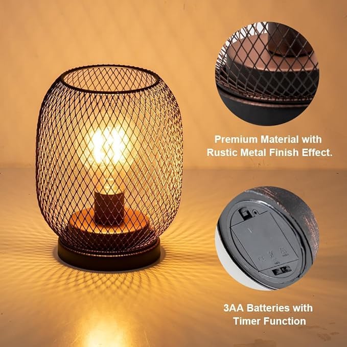 DECORKEY Set of 2 Battery Operated Lamp LED Table Lantern, Brown Metal Cage Cordless Lamps with LED Bulb，Vintage Decorative Outdoor Lantern for Weddings, Parties, Patio, Events for Indoors Shelf Decor