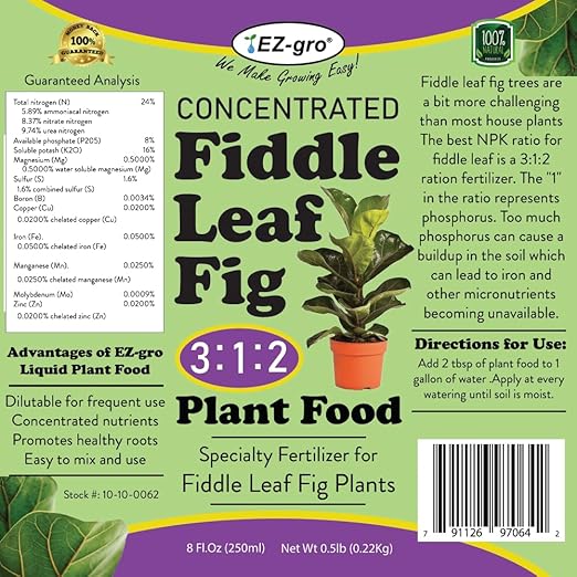 EZ-GRO Liquid Fiddle Leaf Fig Plant Food - 8 oz Bottle | 3 1 2 NPK Fertilizer for Indoor Plants | Concentrated Nutrients Liquid Indoor Plant Food for Healthy Growth