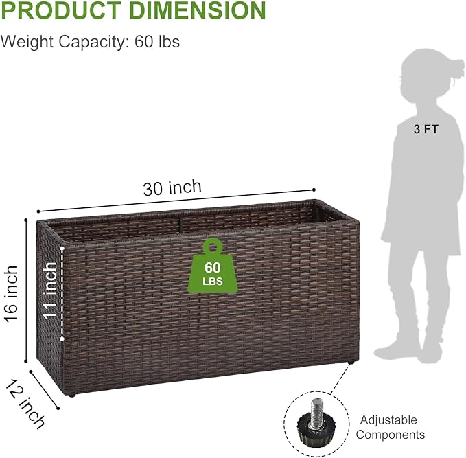 LEWIS&WAYNE Large Rectangular Block Planter Box Handmade Wicker Tall Planters for Outdoor Plants with Removable Liners Modern Planter for Indoor Outdoor Patio Deck - Brown, 30''x12''x16''
