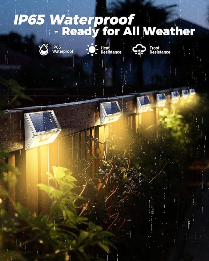 4 Pack Solar Lights Outdoor Motion Sensor, Waterproof Fence Lights 3 Lighting Mode, Warm White LED Outside Light Wireless for Fence Wall Yard Steps Stairs Garden -Stainless Steel