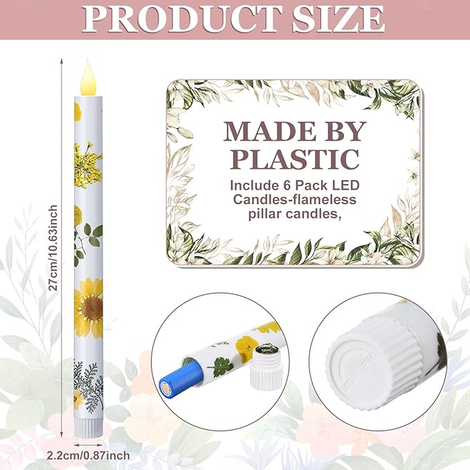 Nuanchu 6 Pcs Floral Taper Candles 10.6 Inch Pastel Flameless Candle Battery Operated Dried Flower Candlestick LED Pressed Floral Candlestick for Summer Home Wedding Dining Garden Party Decoration