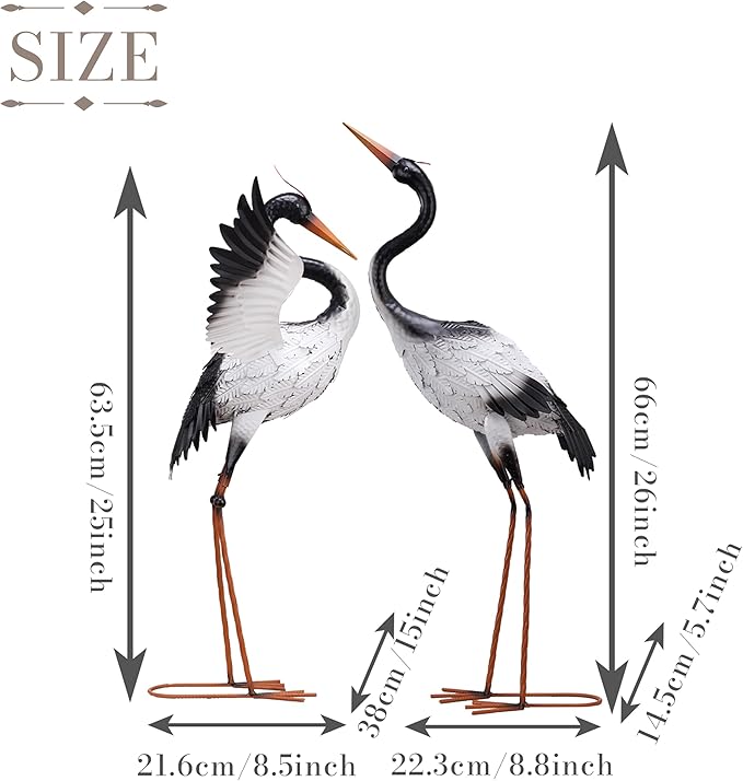TERESA'S COLLECTIONS Yard Decorations Outdoor Garden Statues, White Metal Crane Yard Art, 25-26inch Lawn Ornaments for Backyard, Outside Porch, Patio, Wedding Decor,Set of 2,Spring Decor,Gifts for Mom