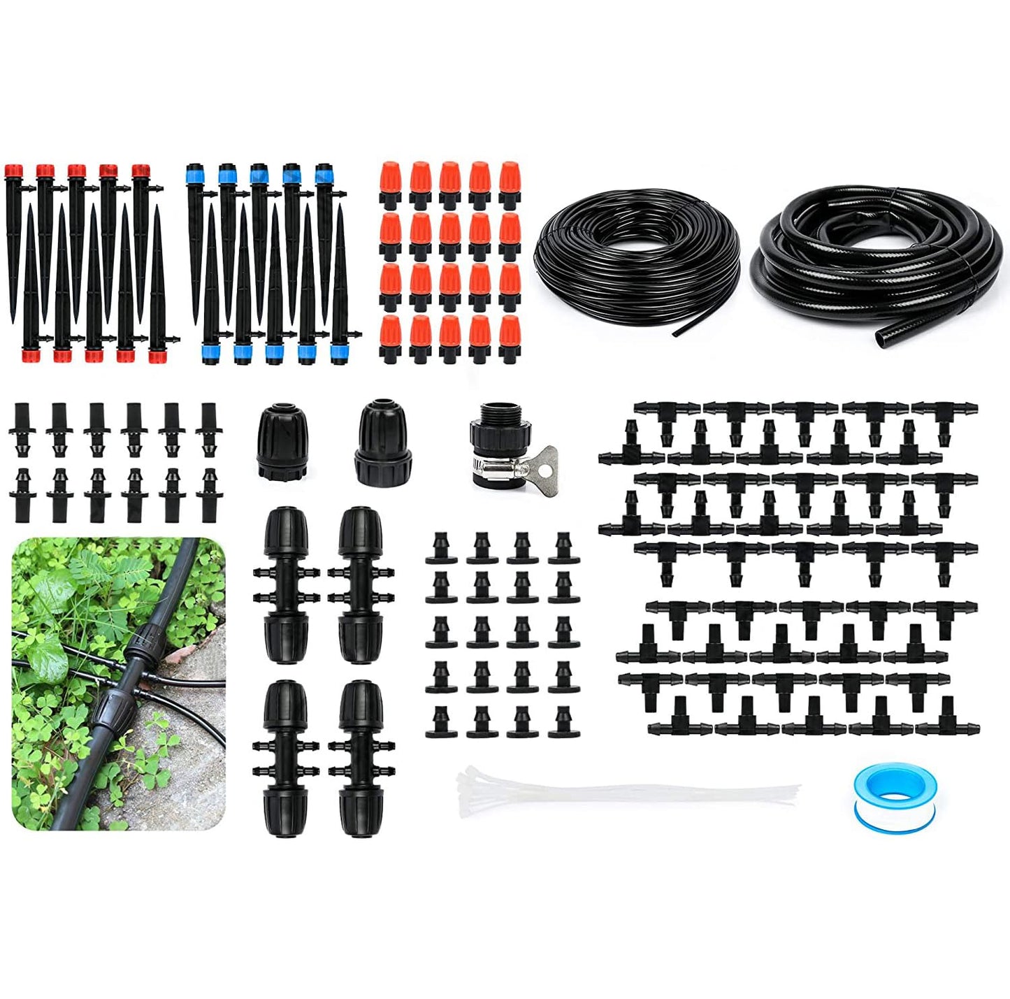 FAMILY'S BACKYARD 226FT Drip Irrigation System,Irrigation System for Garden Watering System,drip Irrigation kit1/2inch to 1/4inch Irrigation Tubing Hose Adjustable Nozzle Emitters Barbed Fittings