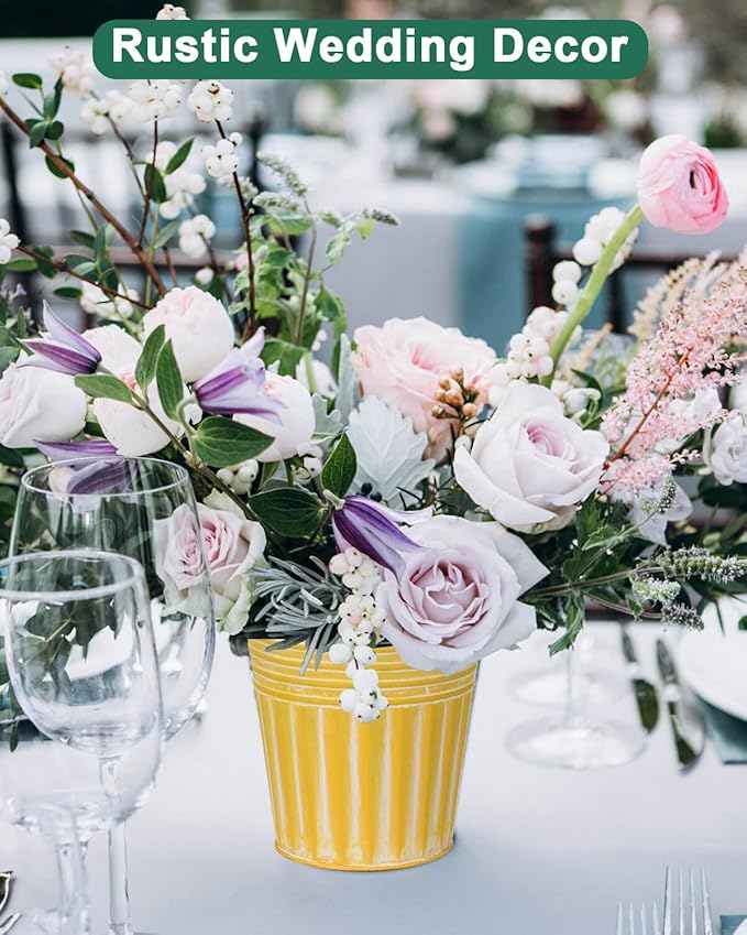 vensovo 6 Inch Yellow Metal Rustic Flower Pots - 6Pcs Galvanized Planters with Drainage Hole and Rubber Plug, Rustproof Metal Bucket Plant Pots Farmhouse Vintage Style for Decor