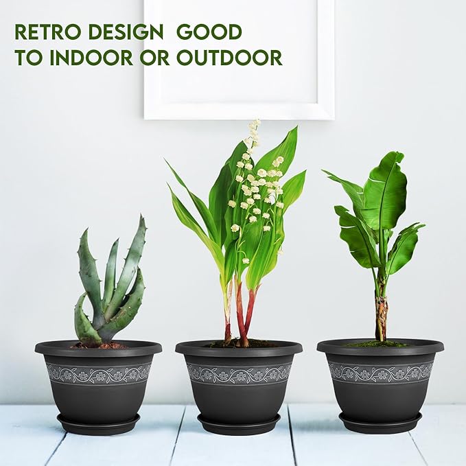 8 Inch Plant Pots with Drainage Hole - Lightweight Flower Pots for Herbs and Flowers - Home Decor Plastic Planters for Indoor Outdoor Plants- Pack of 6 (Black, 8 inch)