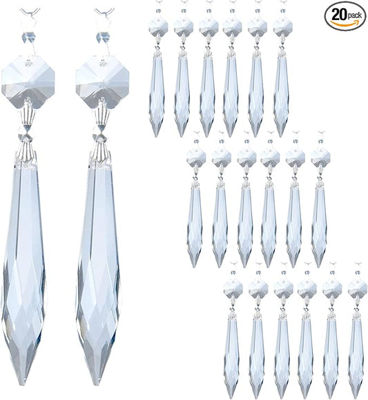 20Pcs Chandelier Icicle Crystal Prisms with Bead Crystals Lighting Lamp Replacement Parts (63mm, Clear)