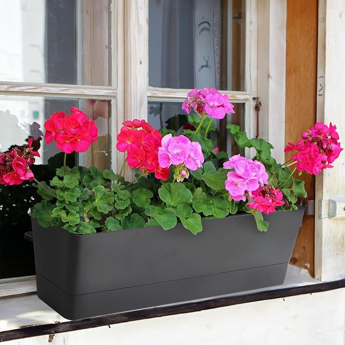GREANER Window Boxes Planters, 3PCS 16x3.8 Inch Black Rectangle Planters Box with Drainage Holes and Trays, Herb Succulents Flowers Plastic Pot for Windowsill, Garden, Balcony, Indoor, Outdoor Decor