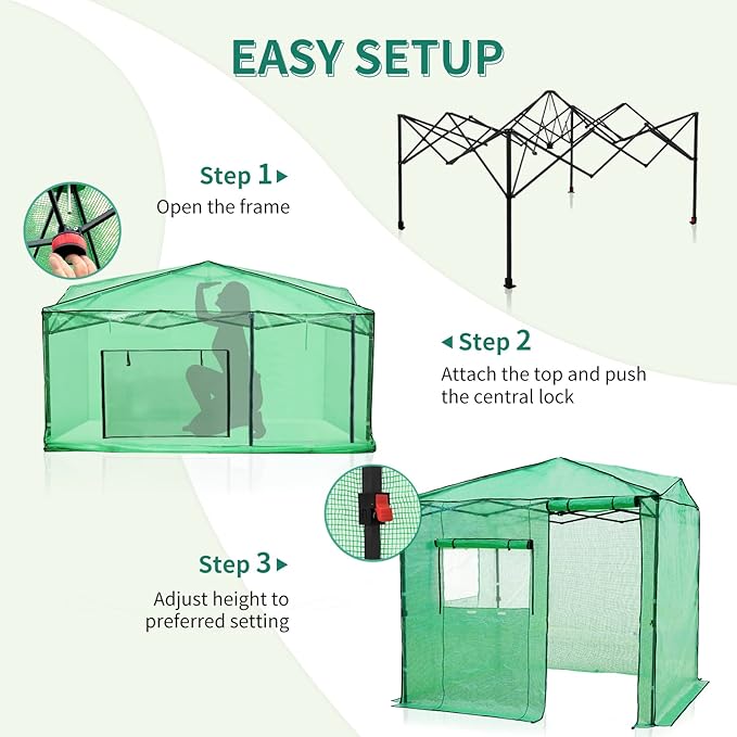 EAGLE PEAK 8x6 Portable Walk-in Greenhouse, Pop-up Indoor Outdoor Garden Green House, Zippered Door and Window, PE Cover, Green