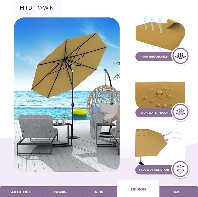 Midtown Umbrellas 10-Year-No-Fade - 9 Ft - UV Proof Sand Tan Polyester Fabric - Umbrella Outdoor Patio, Auto-Tilt Aluminum Frame Patio Umbrella for Garden, Pool & Deck - Black Pole