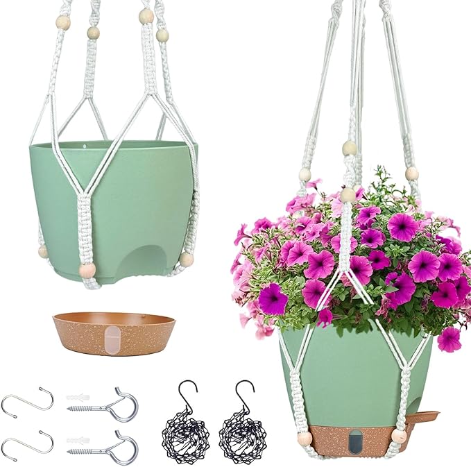 Hanging Planter for Indoor Plants 8 Inch, 2 Pack Self Watering Hanging Baskets for Plants, Hanging Flower Pots with Drainage Hole & 2 Kinds of Plant Hangers for Garden Home Decor (Green, 8 inch)