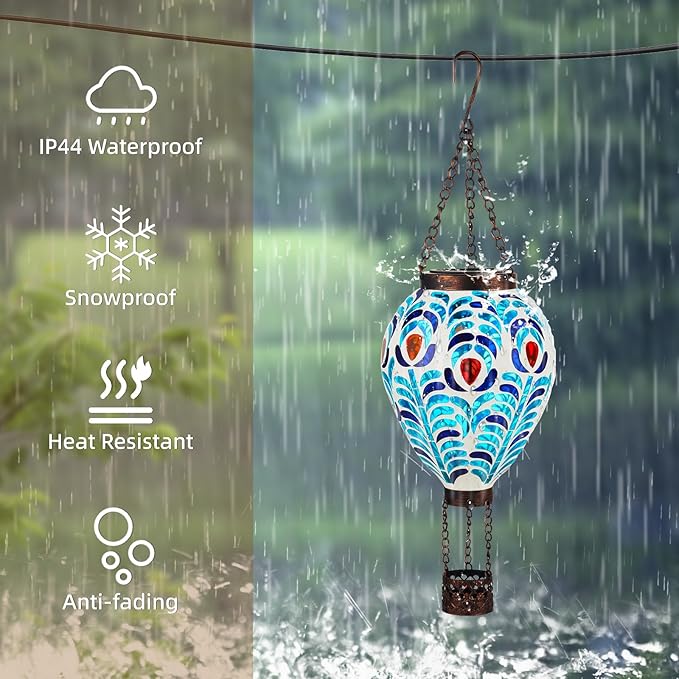 VOREEN Hot Air Balloon Solar Lantern, Mosaic Solar Outdoor Hanging Wind Light, Waterproof, Patio Festive Decor, Easter Gifts for Mom Father Grandma, Peacock Feather Design