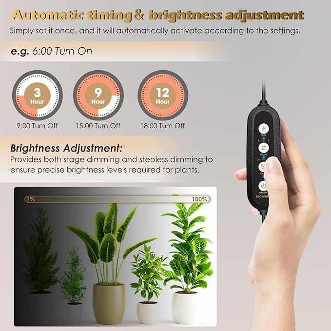 GLOWRIUM Standing Grow Light with Auto-Timer, 36W Vertical Grow Lights for Indoor Plants,3 Light Modes,268 LEDs Detachable Full Spectrum Plant Lights for Wide Area Coverage in Indoor Plants (60 in)