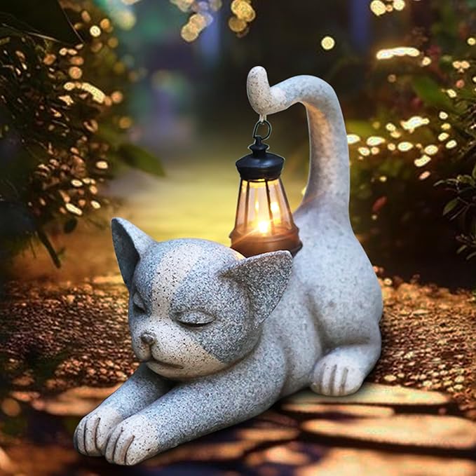 Choies Solar Cat Garden Statue Outdoor Decor,Cat Garden Sculpture for Outside,Cats Figurines Gifts for Women,Mom,Cat Outdoor Decoration for Home,Garden,Patio,Yard