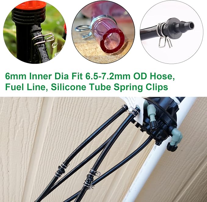 1/4" Irrigation Hose Clamps, 100 Double Line Hose Pipe Spring Clamps, Drip Irrigation Kit Connector Leak Solution
