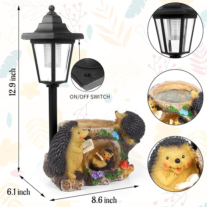 Solar Garden Statue Hedgehog Figurine,Flower Pots Planters Pots for Succulent,Garden Sculpture for Patio Balcony Yard Lawn Decor,Unique Gift for Dad Mom Grandma