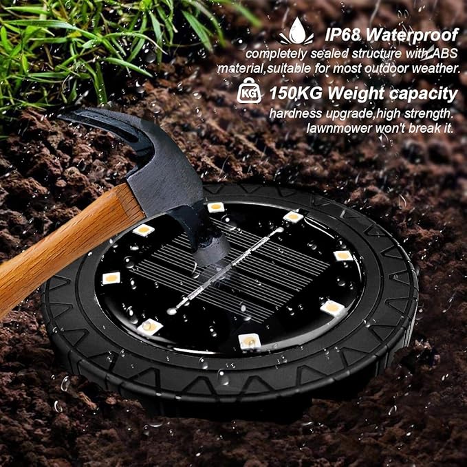 Solar Powered 8 Pack Outdoor LED Disk Lights - IP68 Waterproof, Non-Slip, Wear-Resistant Pathway Lights (Warm White)