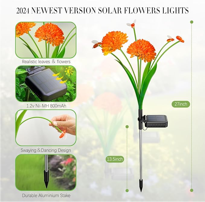Solar Swaying Bee Lights with Flowers, Waterproof Firefly Lights for Outdoor Garden Patio Yard Pathway Decoration, Gifts for Women Mother's Day