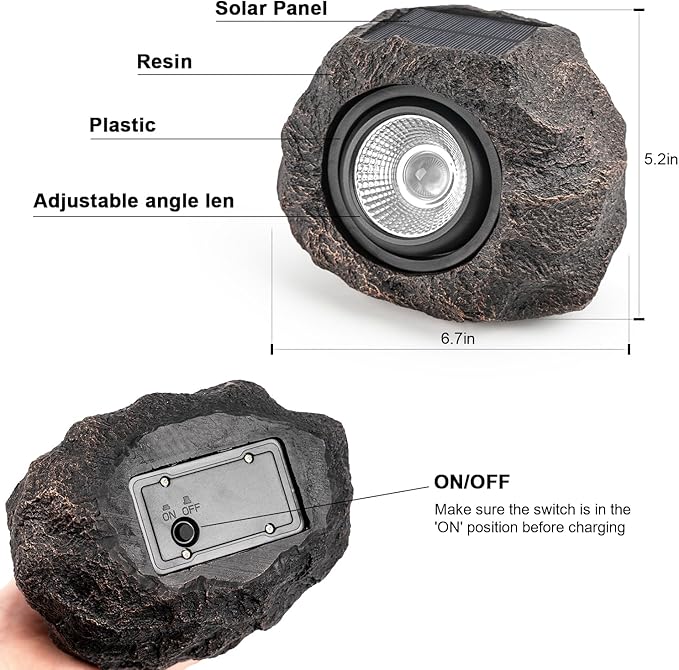 Solar Rock Lights, 2 Pack Outdoor Decorative Garden Spotlights for Pathway, Walkway, Yard, Landscape, Patio (Dark Brown)