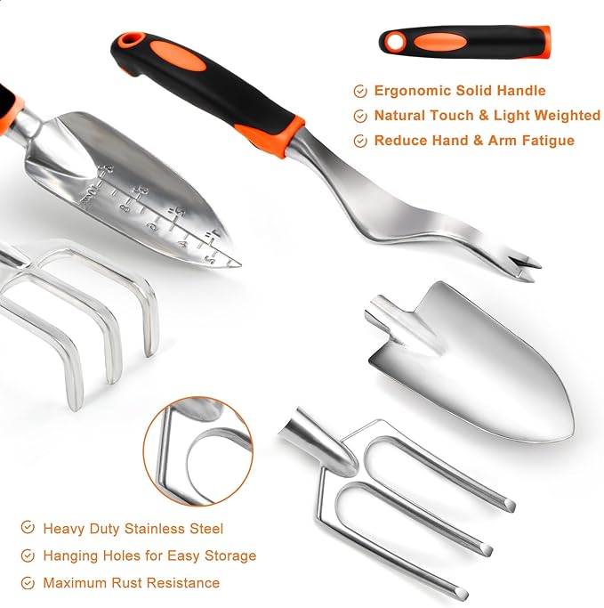 Garden Tool Set with Non Slip Rubber Grip,8 Piece Stainless Steel Gardening Tool Sets,Heavy Duty Outdoor Hand Tools Durable Storage Tote Bag,Uprooting Weeding Tool, Gifts for Women Men(Orange)