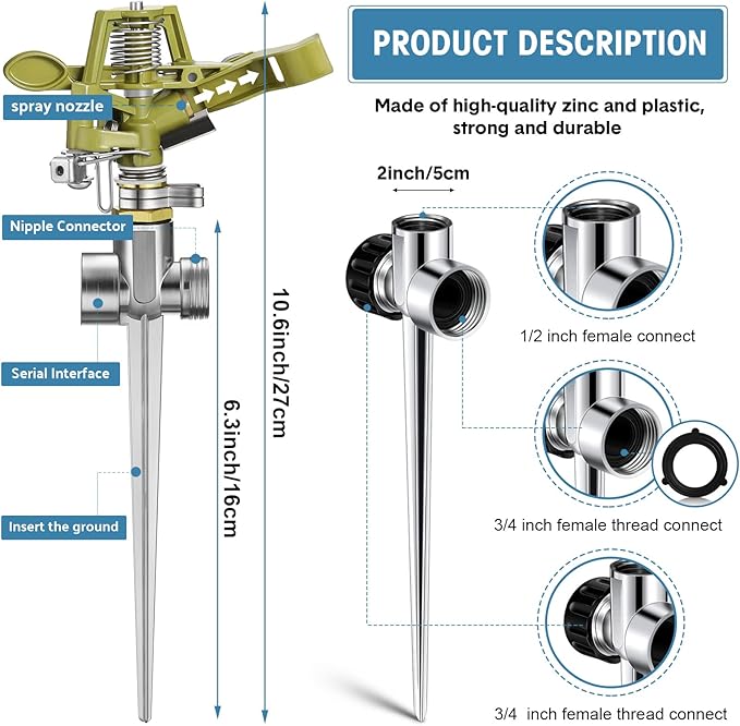 Chengu 8 Set Zinc Alloy Water Sprinklers Heads for Lawns Yard Heavy Duty Adjustable 360 Degree Watering Impact Pulsating Garden Sprinklers Multipack for Large Area Irrigation